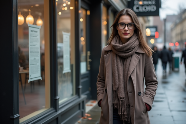 Femme élégante en hiver devant boutique fermée
