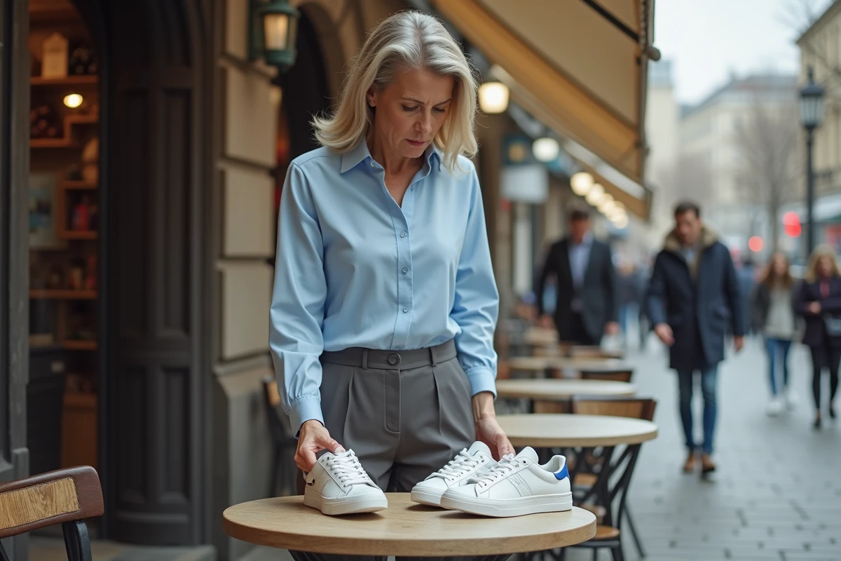 Femme compare deux paires de sneakers en extérieur