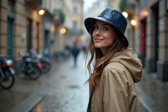 Femme en trench beige et chapeau imperméable dans la pluie