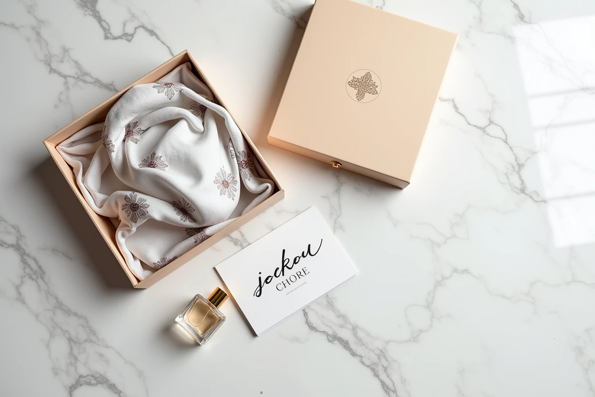 Flat lay luxueux sur marbre blanc avec foulard en soie, parfum et boîte cadeau dans un concept store parisien
