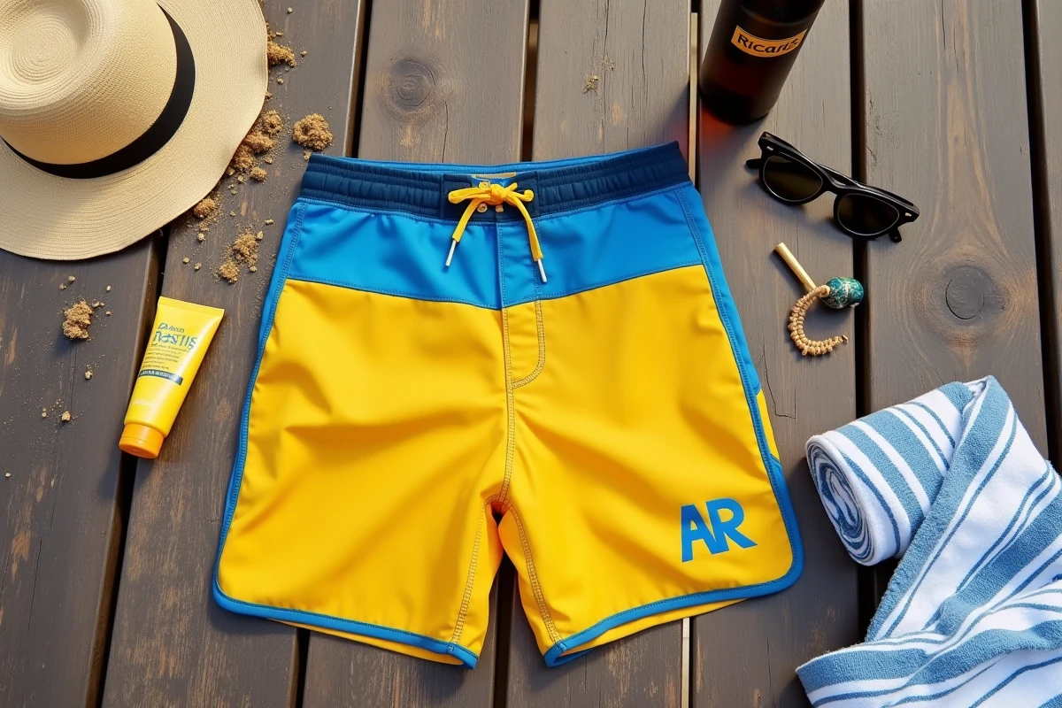 Flat lay d'un short de bain Ricard jaune et bleu avec accessoires de plage sur une table en bois