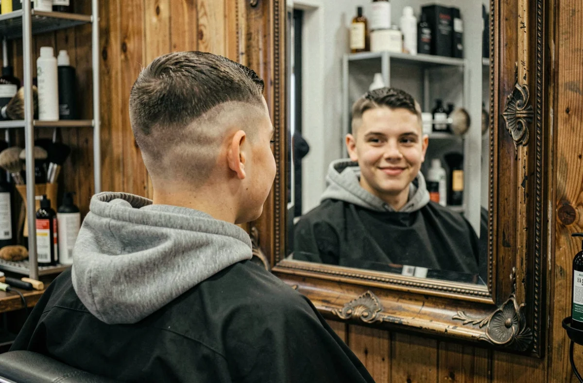 Jeune adolescent en chaise de barbier avec une coupe French Crop et dégradé, reflet dans le miroir du salon