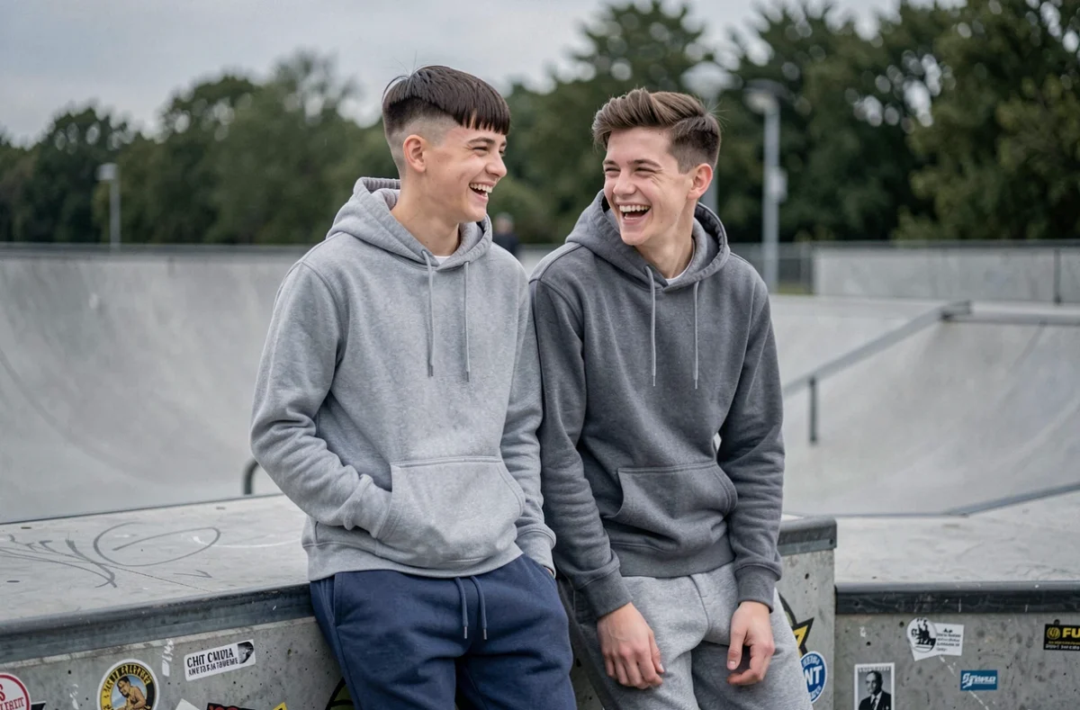 Deux adolescents avec des coupes French Crop différentes dans un skatepark en béton, ambiance décontractée