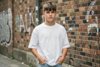 Adolescent avec une coupe French Crop courte et frange texturée devant un mur en brique urbain