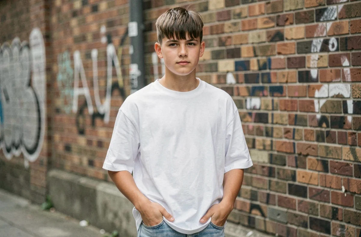 Adolescent avec une coupe French Crop courte et frange texturée devant un mur en brique urbain