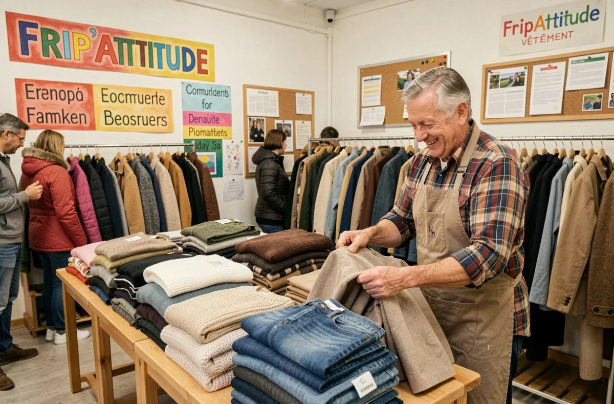 Frip'Attitude Emmaüs Vêtement, un bénévole souriant qui organise des dons de vêtements dans une friperie solidaire conviviale
