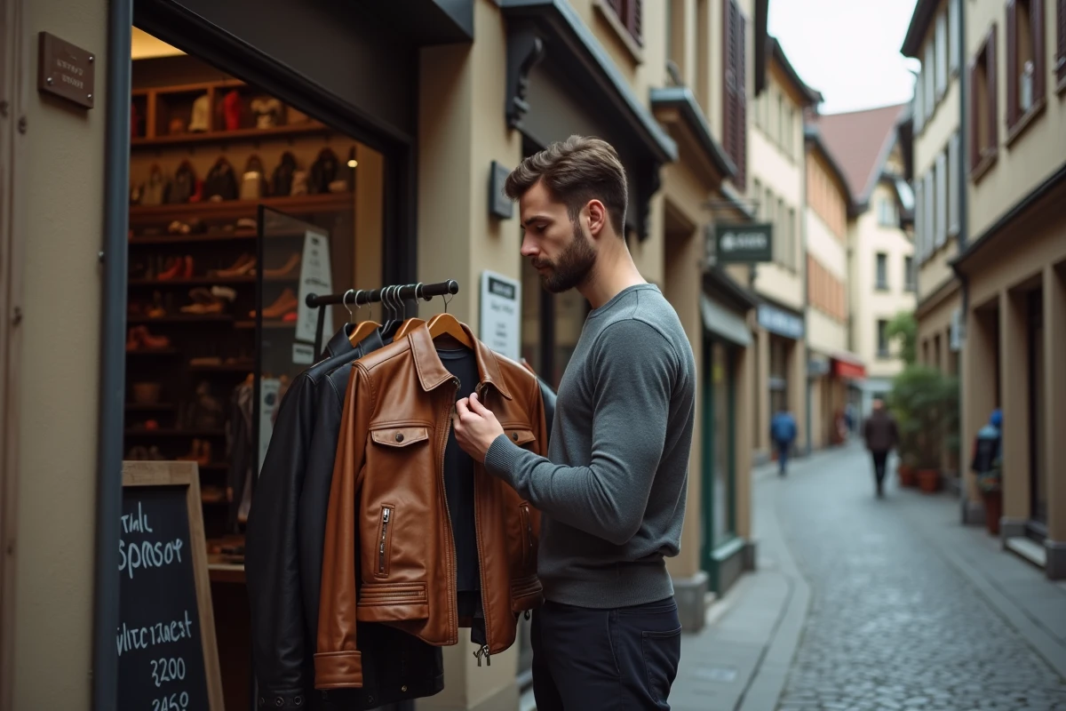 Homme inspectant une veste en cuir vintage devant une friperie dans une rue pavée de Strasbourg