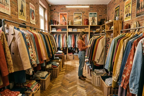 Intérieur d'une friperie lyonnaise avec des vêtements vintage colorés sur des portants industriels et une cliente qui parcourt les rayons