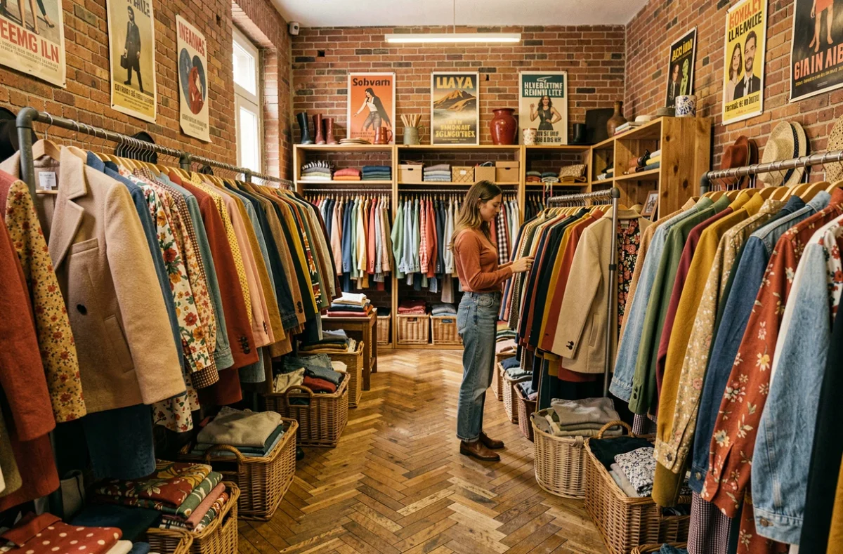 Intérieur d'une friperie lyonnaise avec des vêtements vintage colorés sur des portants industriels et une cliente qui parcourt les rayons
