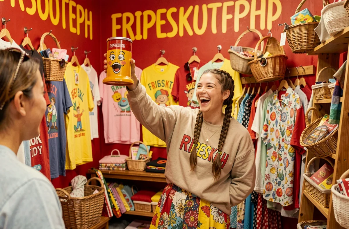 Fripesketchup, une jeune femme rieuse tenant un article vintage dans une friperie aux murs rouges vifs et au décor excentrique