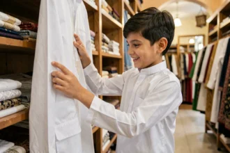 Jeune garçon essayant un qamis blanc brodé dans une boutique de vêtements islamiques, inspectant la qualité du tissu