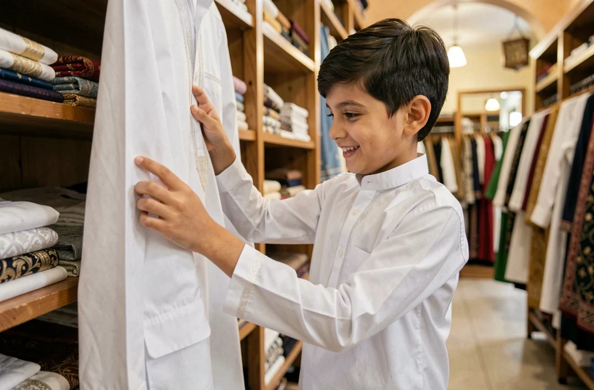 Jeune garçon essayant un qamis blanc brodé dans une boutique de vêtements islamiques, inspectant la qualité du tissu