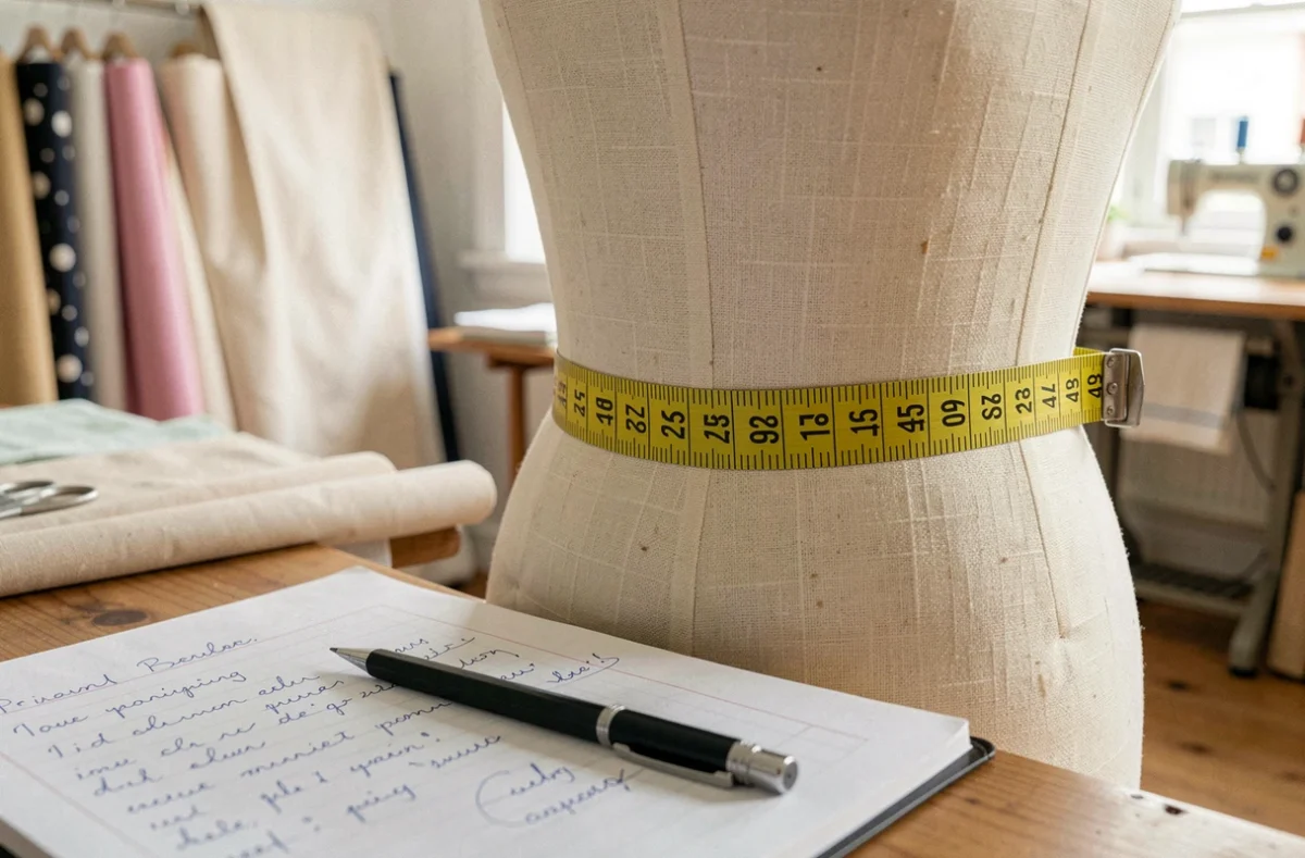 Gros plan sur un mètre ruban enroulé autour d'un mannequin de couture avec un carnet de mensurations posé en dessous dans un atelier de mode