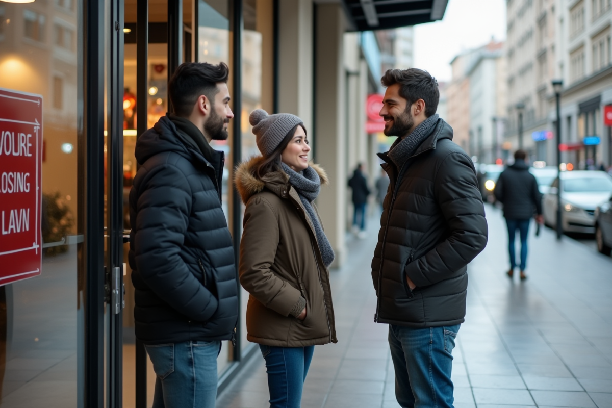Groupe de personnes devant un magasin en ville