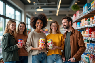Groupe diversifié dans un supermarche français moderne avec produits de marque