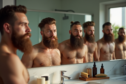 Groupe d'hommes avec différentes barbes devant un miroir lumineux