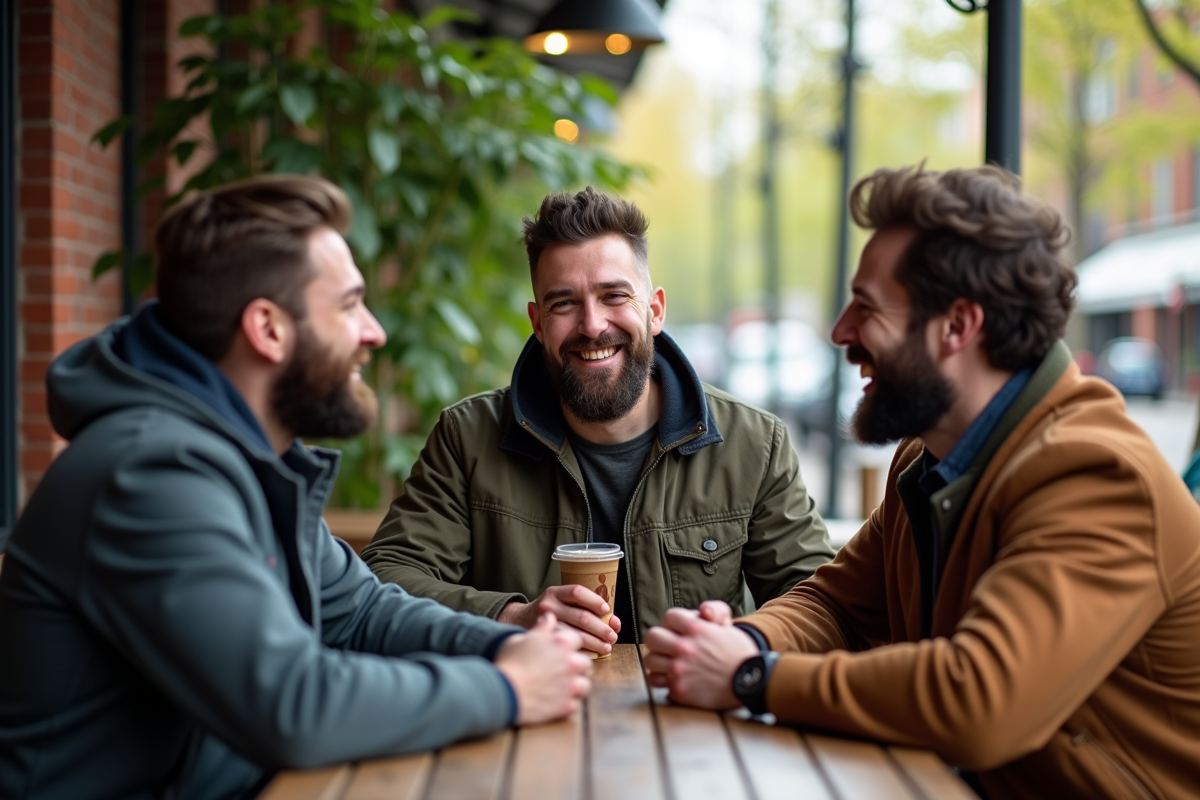 Groupe d hommes avec styles de barbe au cafe en plein air