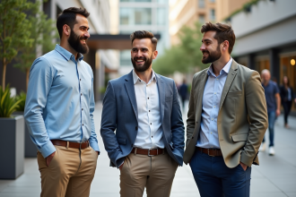 Trois hommes avec barbes dans une place urbaine moderne
