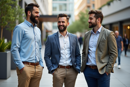 Trois hommes avec barbes dans une place urbaine moderne