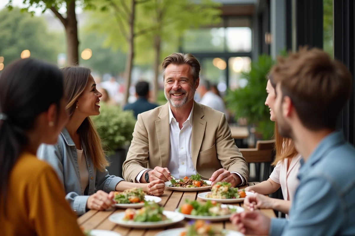Groupe diversifié autour d une table de restaurant vegan en extérieur