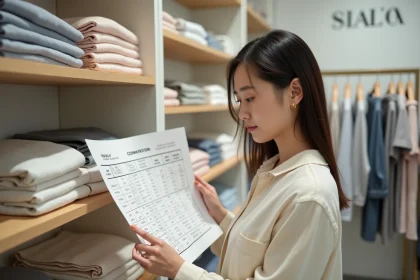 Femme comparant un guide des tailles vêtements avec des articles de marques asiatiques dans une boutique