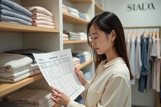 Femme comparant un guide des tailles vêtements avec des articles de marques asiatiques dans une boutique