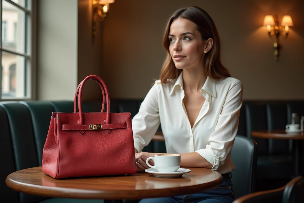 Femme élégante dans un café parisien avec un sac Hermès Birkin 25 et 30 illustrant les différences de format au quotidien