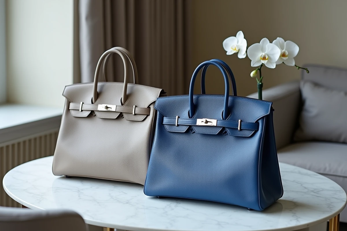 Deux sacs Hermès Birkin 30 et 25 posés côte à côte sur un marbre blanc pour comparer leurs dimensions