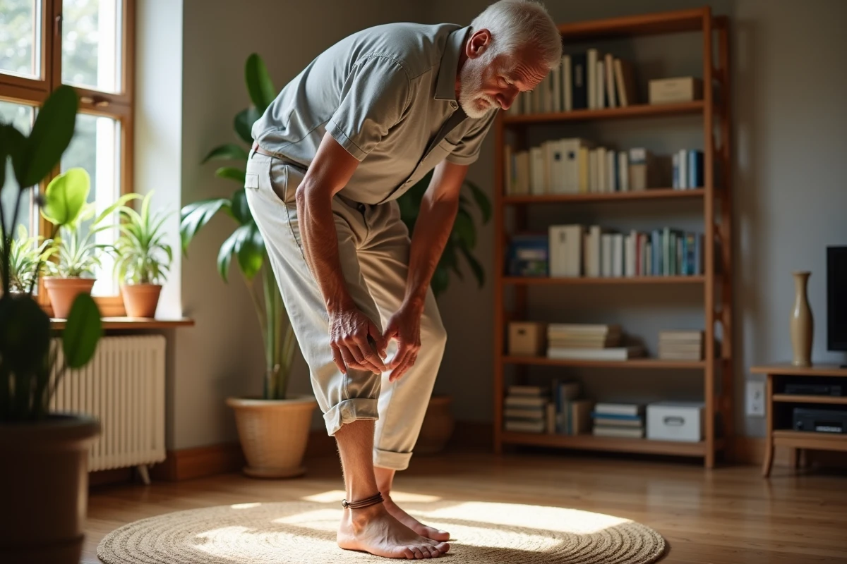 Homme âgé regardant son anklet en intérieur chaleureux