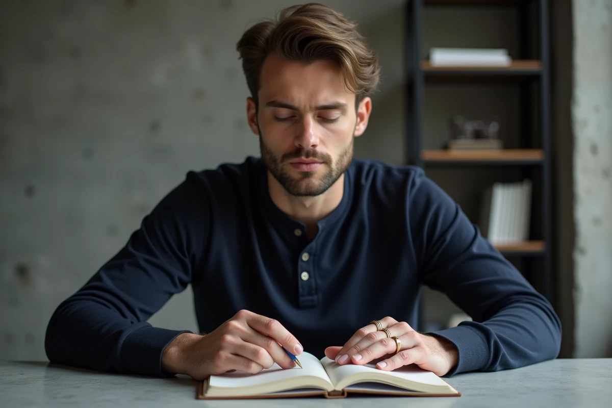 Homme trentenaire portant une bague en or mat gravée de lignes minimalistes, assis à un bureau en béton dans un studio urbain