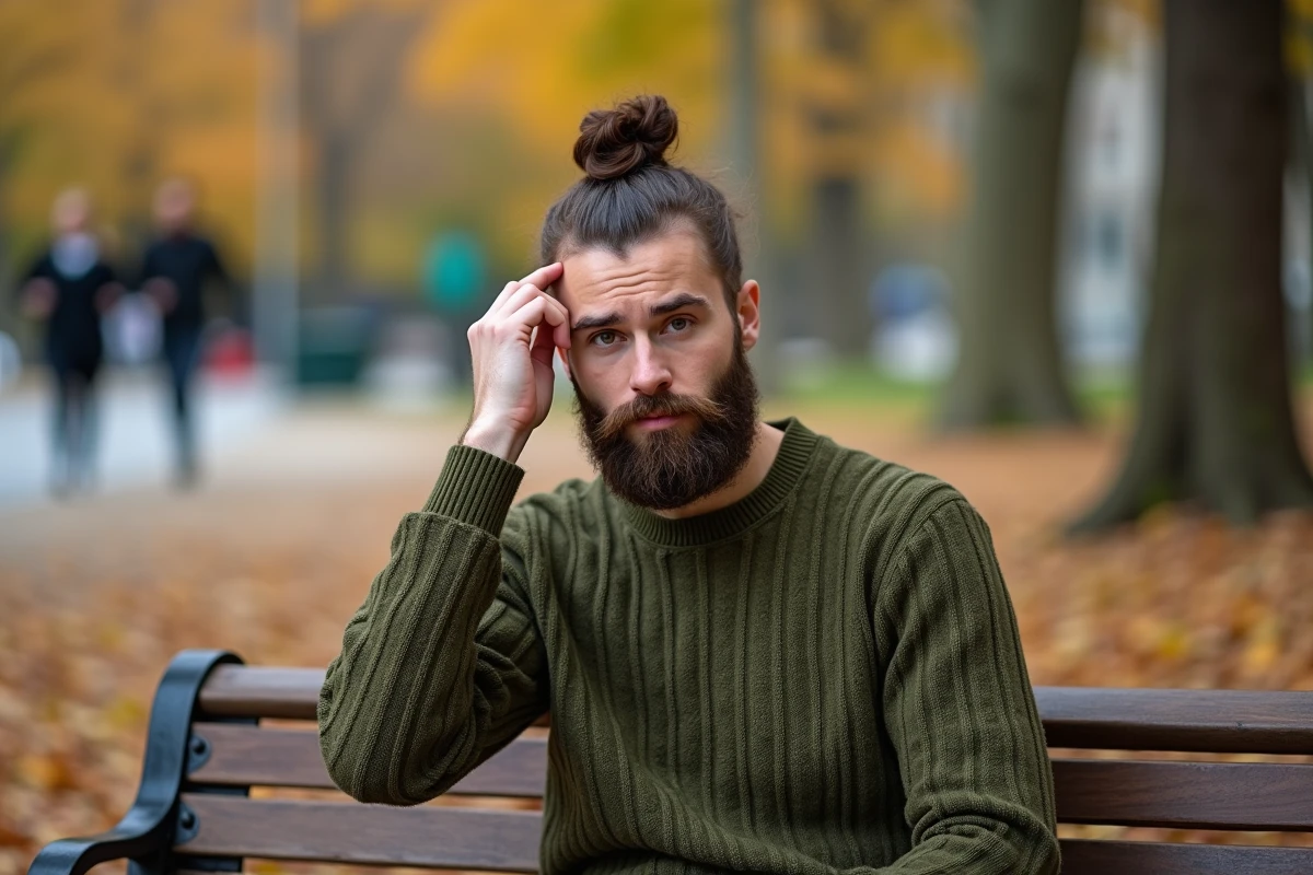 Homme barbu ajustant son chignon dans un parc en automne