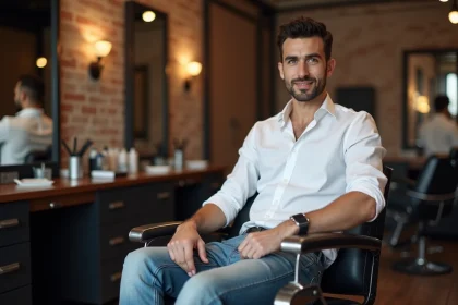Homme élégant en salon de coiffure prêt pour une coupe