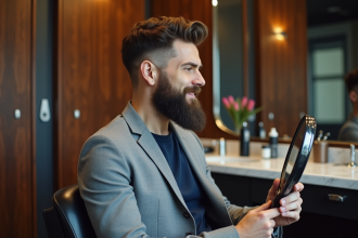 Homme avec barbe soignée dans un salon de coiffure moderne