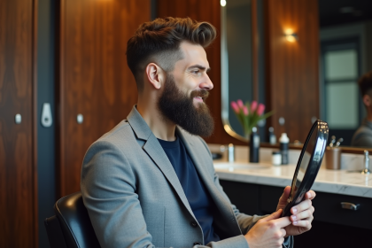 Homme avec barbe soignée dans un salon de coiffure moderne