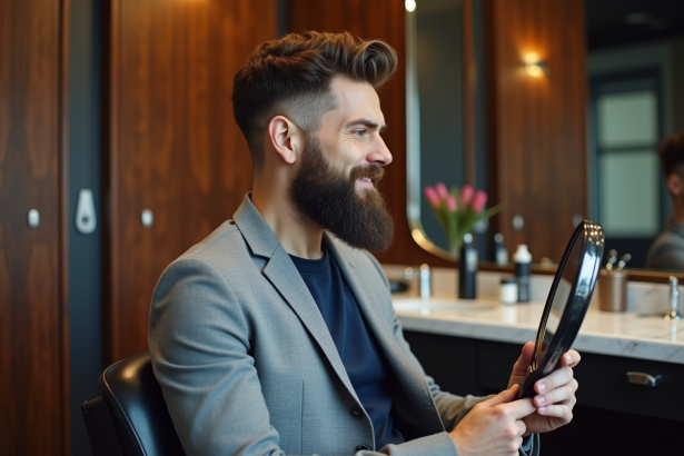 Homme avec barbe soignée dans un salon de coiffure moderne