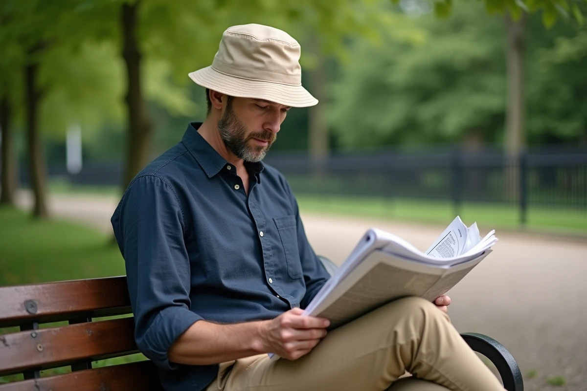 Homme d'âge mûr portant un bob en coton beige assis sur un banc dans un parc verdoyant