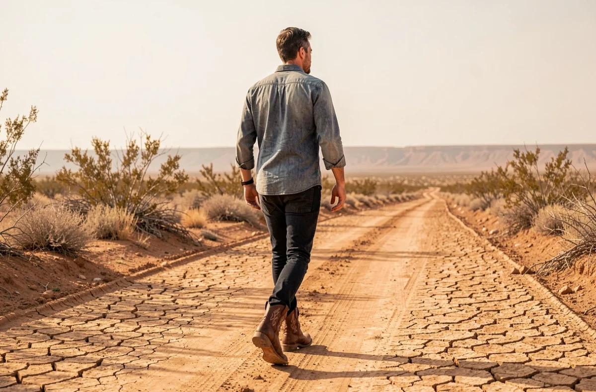 Homme portant des bottes de cowboy en cuir marron et un jean slim marchant sur un chemin de terre dans un paysage désertique