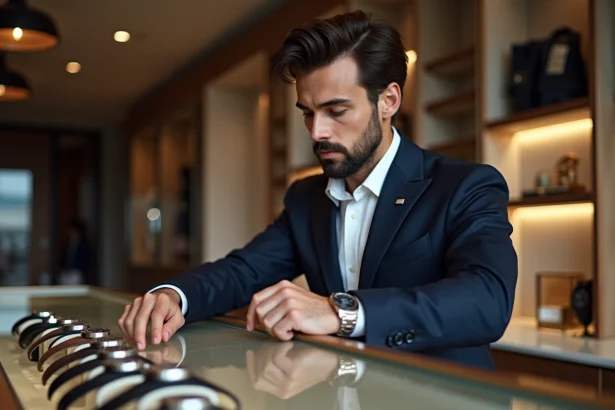 Jeune homme en blazer regardant des montres en boutique