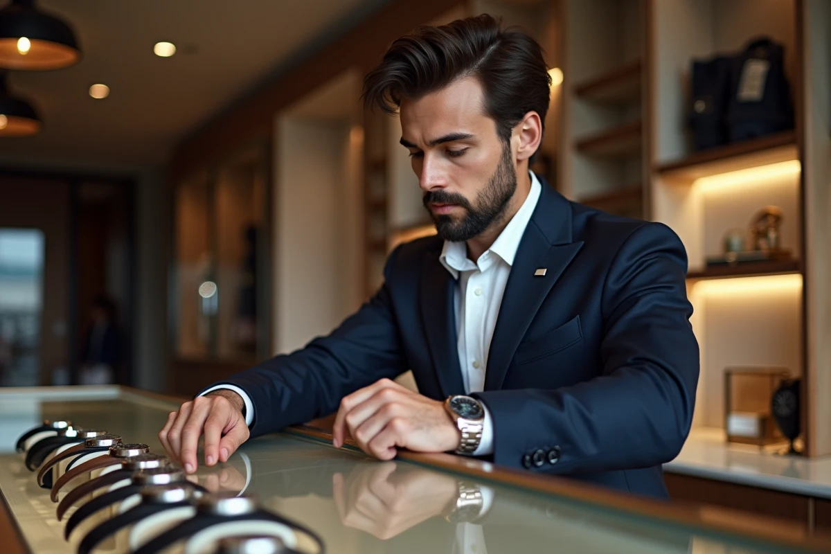 Jeune homme en blazer regardant des montres en boutique
