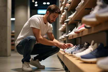 Jeune homme examinant des sneakers dans une boutique moderne au design minimaliste