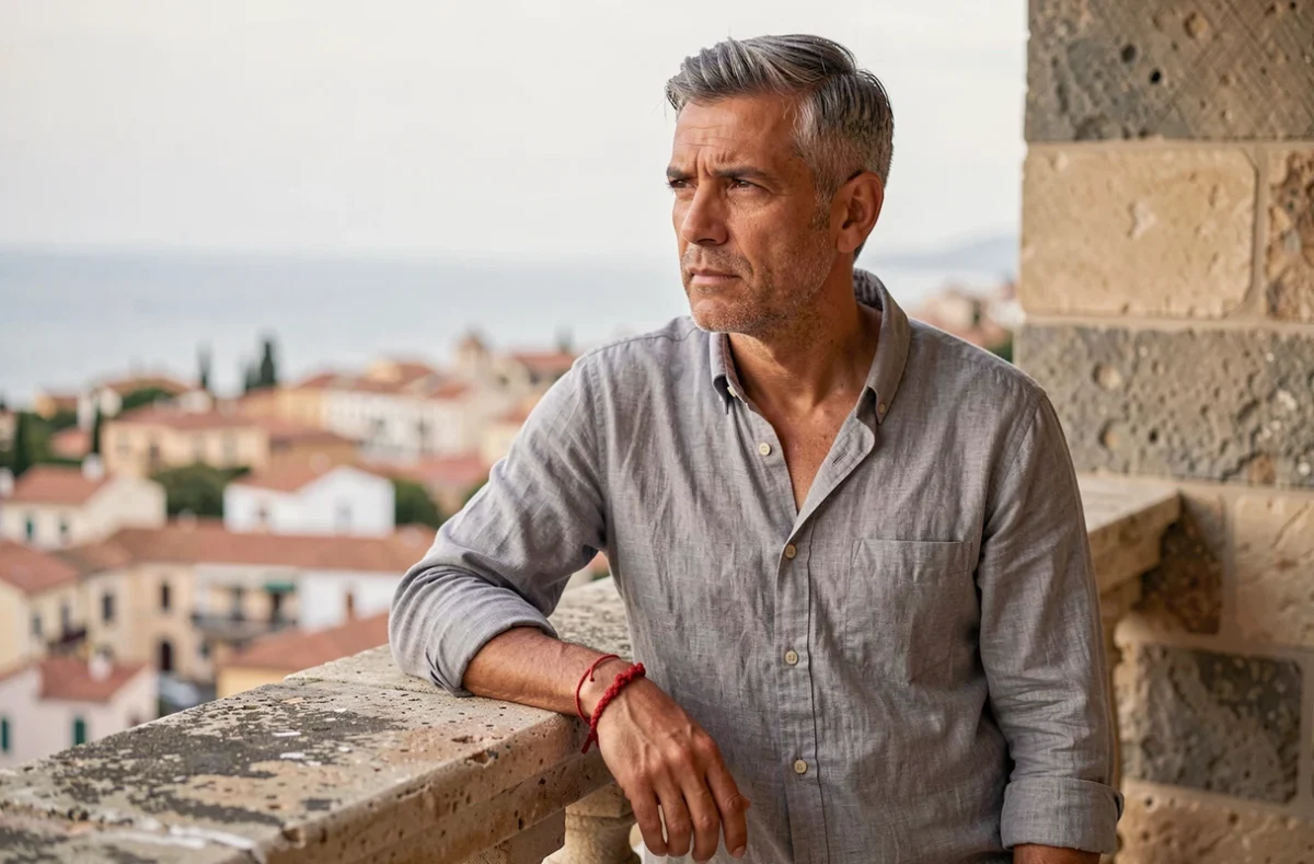 Homme portant un bracelet fil rouge 7 nœuds au poignet regardant au loin depuis un balcon en pierre