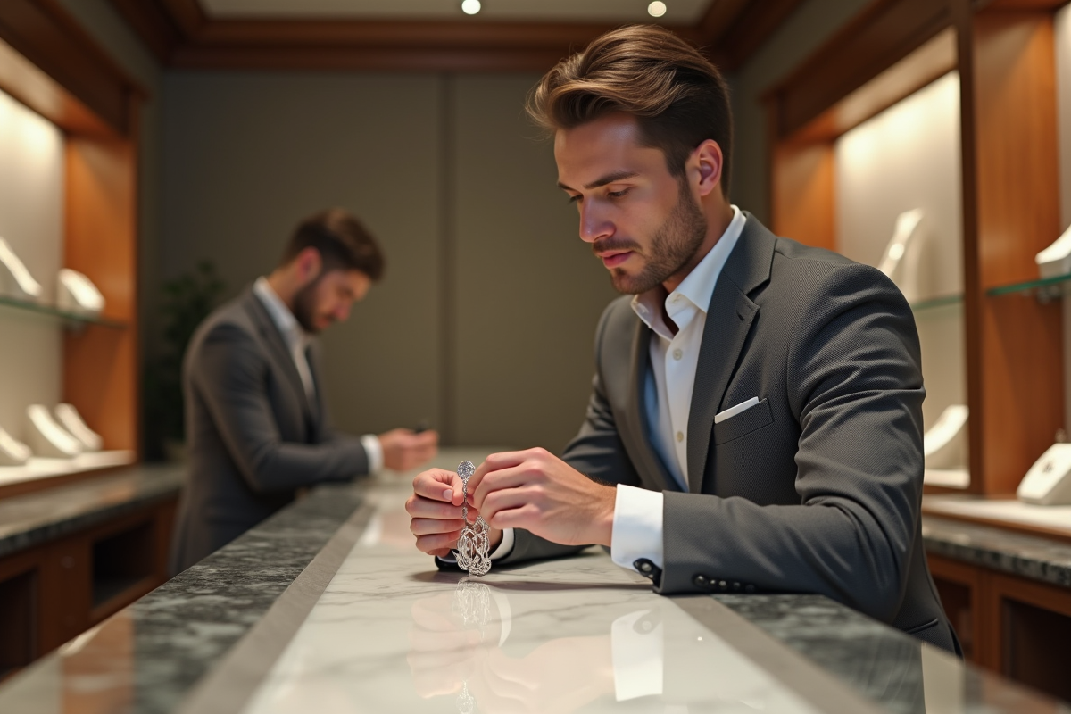 Homme en costume examinant un bracelet en argent dans une bijouterie