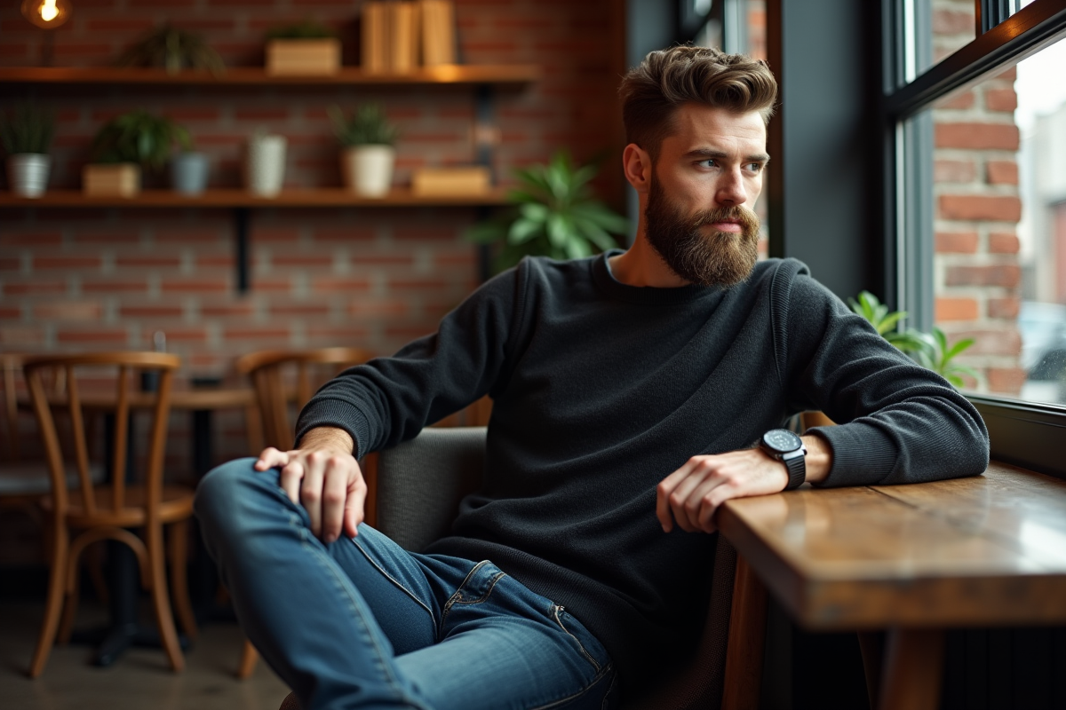Homme avec barbe soignee dans un cafe chaleureux