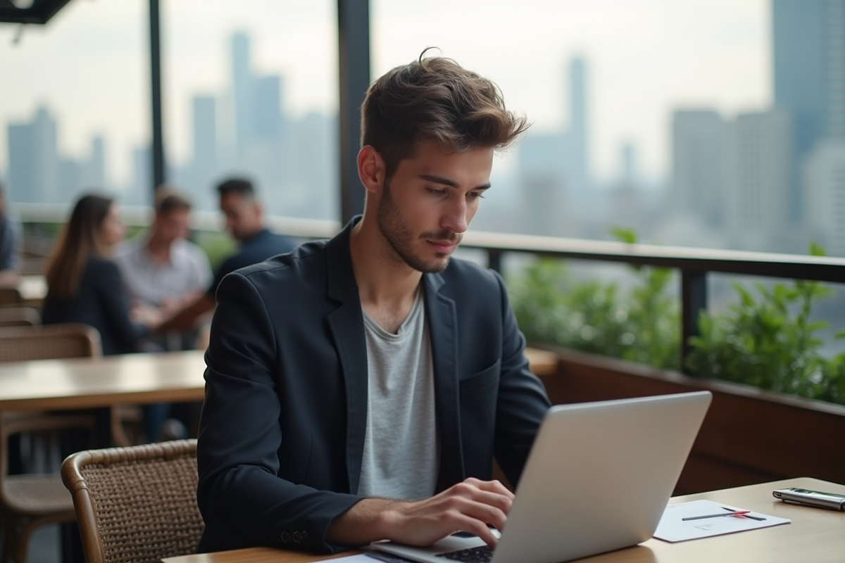 Jeune homme travaillant sur son ordinateur dans un café en ville