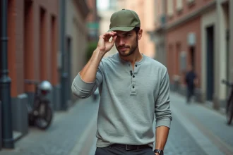 Homme en casquette five-panel olive ajustant sa visière dans une rue urbaine pavée
