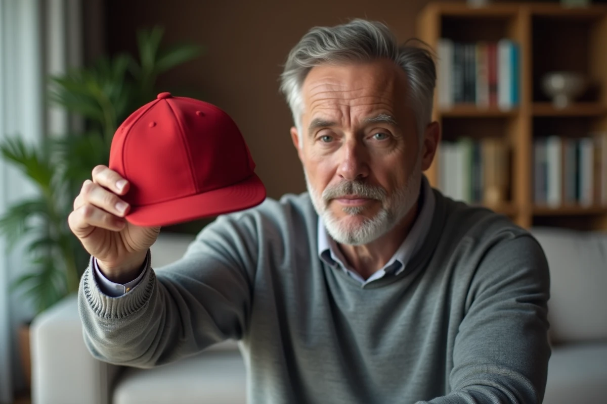 Homme tenant une casquette rouge américaine et l'examinant dans un salon moderne, réaction face à un cadeau controversé