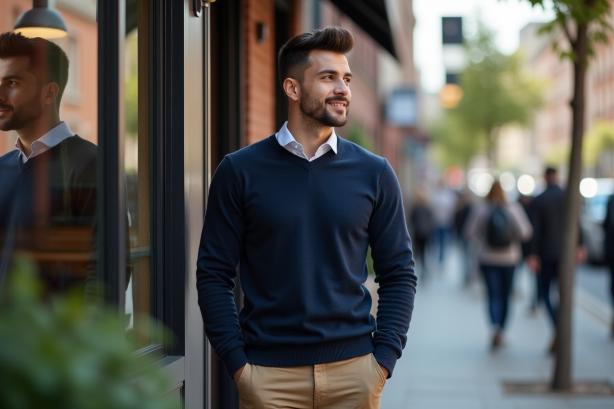 Jeune homme regardant sa coiffure dans une vitrine de café