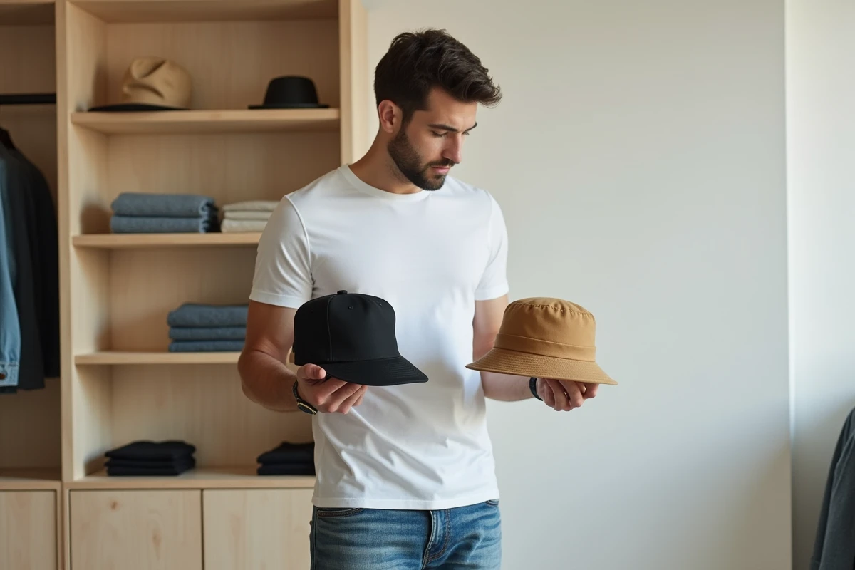 Homme en boutique comparant un bob en canvas et une casquette snapback en laine noire