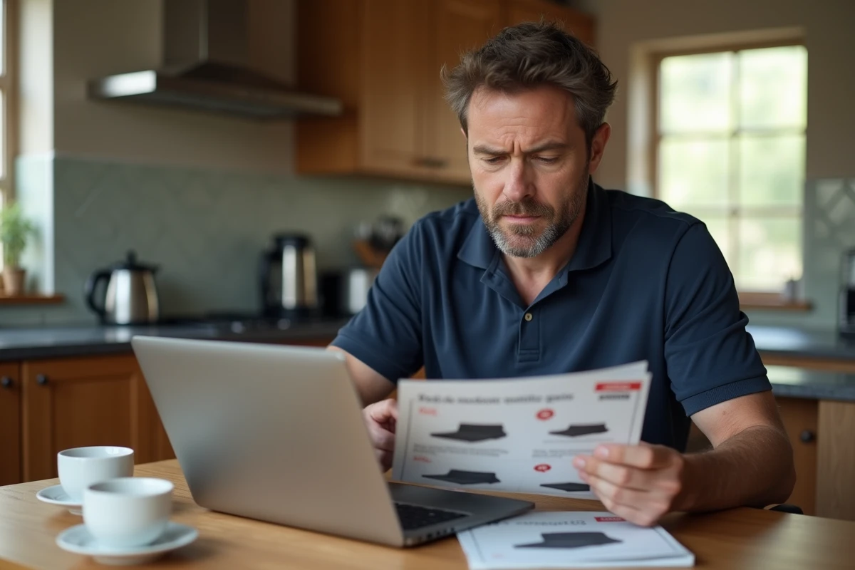 Homme comparant des offres de déstockage sur un ordinateur portable à la maison avec un prospectus imprimé