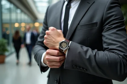 Homme en costume gris portant une montre originale à cadran squelette avec bracelet cuir marron dans un lobby moderne